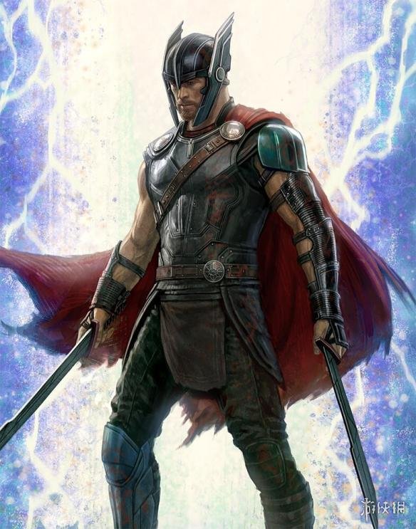 第一张图中,雷神身着角斗士战甲,手中拿的是双刀?锤子呢?